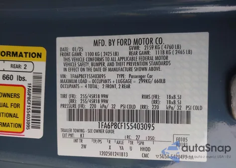 2025 Ford Mustang Gt Fastback z USA, uszkodzony, nr VIN 1FA6P8CF1S5403095